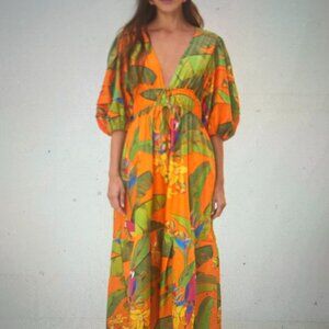 FARM RIO  / Orange Fresh Macaw Midi Dress / NWT